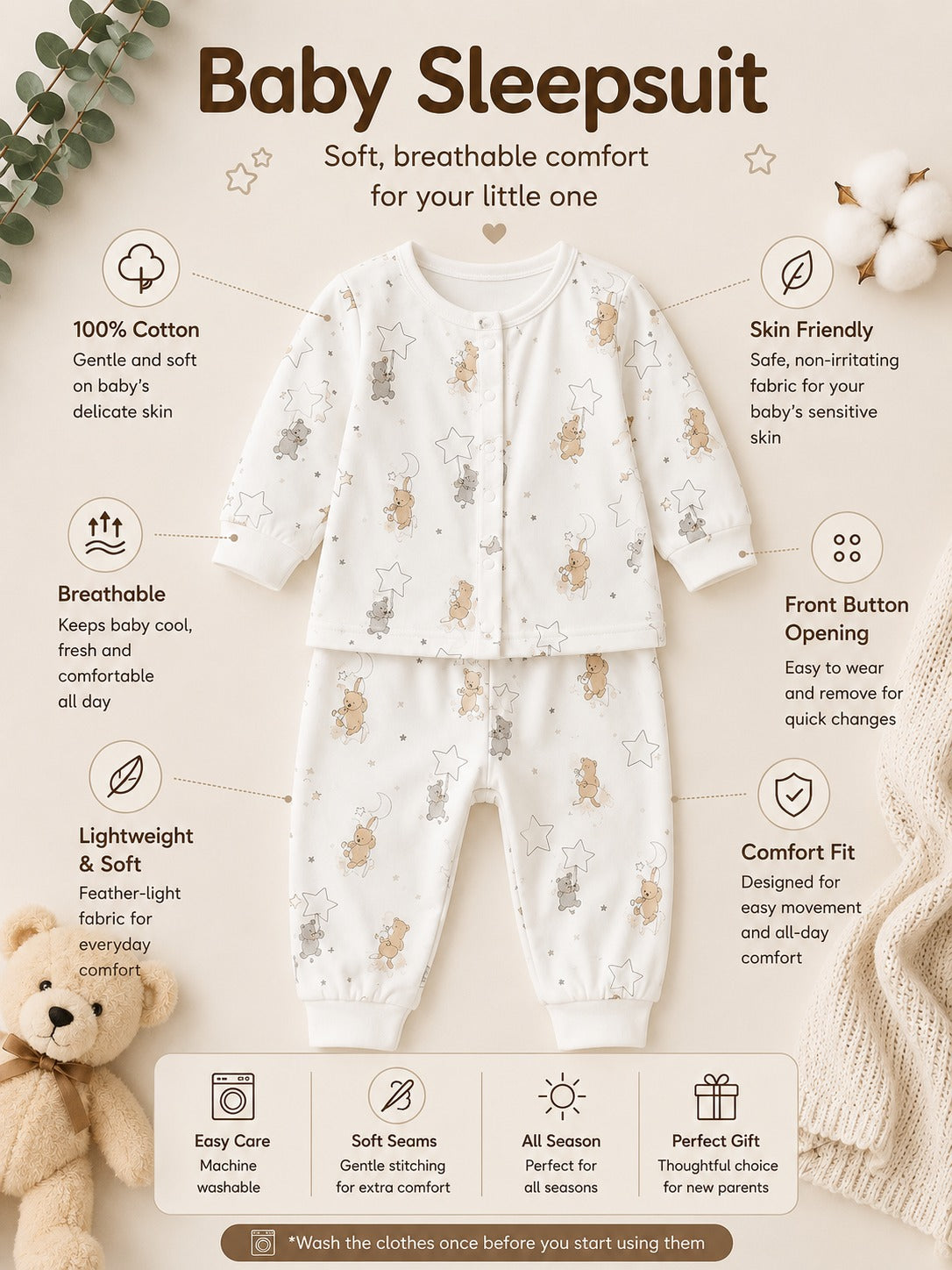 White Moon Elephant Print Full-Sleeve Cotton Sleepsuit