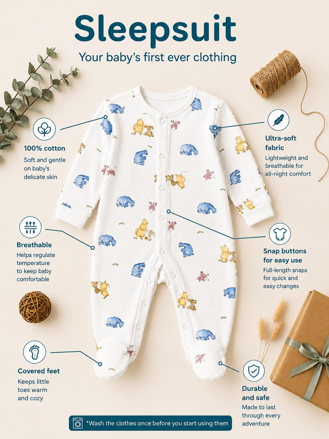 Pooh Bear Print Cotton Sleepsuit