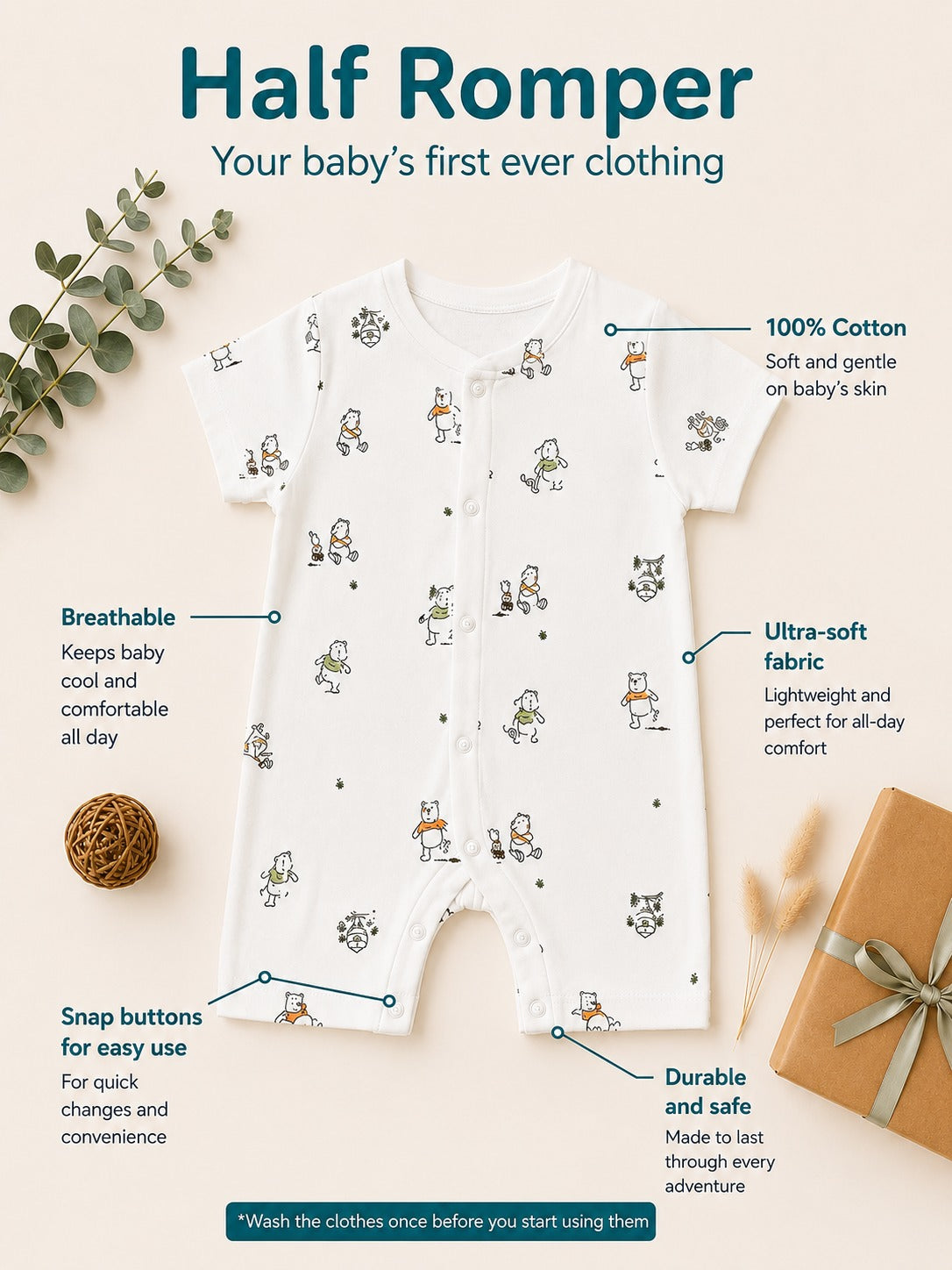 Pooh Bear Print Cotton Half Romper