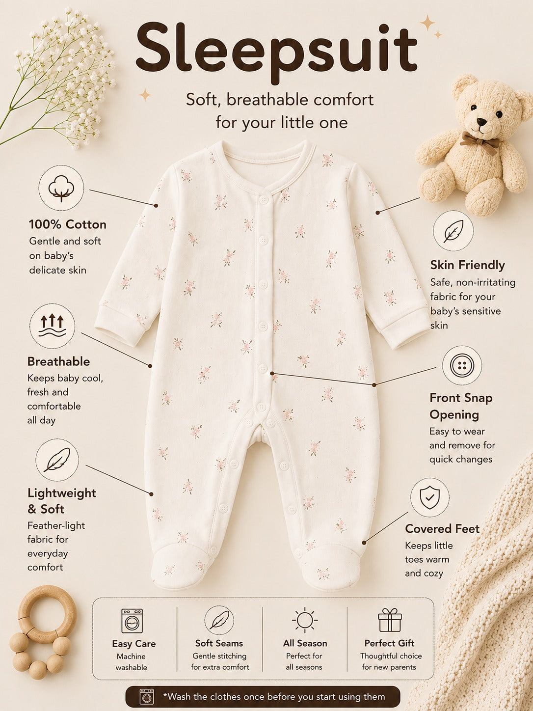 Soft Pink Angel Print Full-Sleeve Cotton Sleepsuit