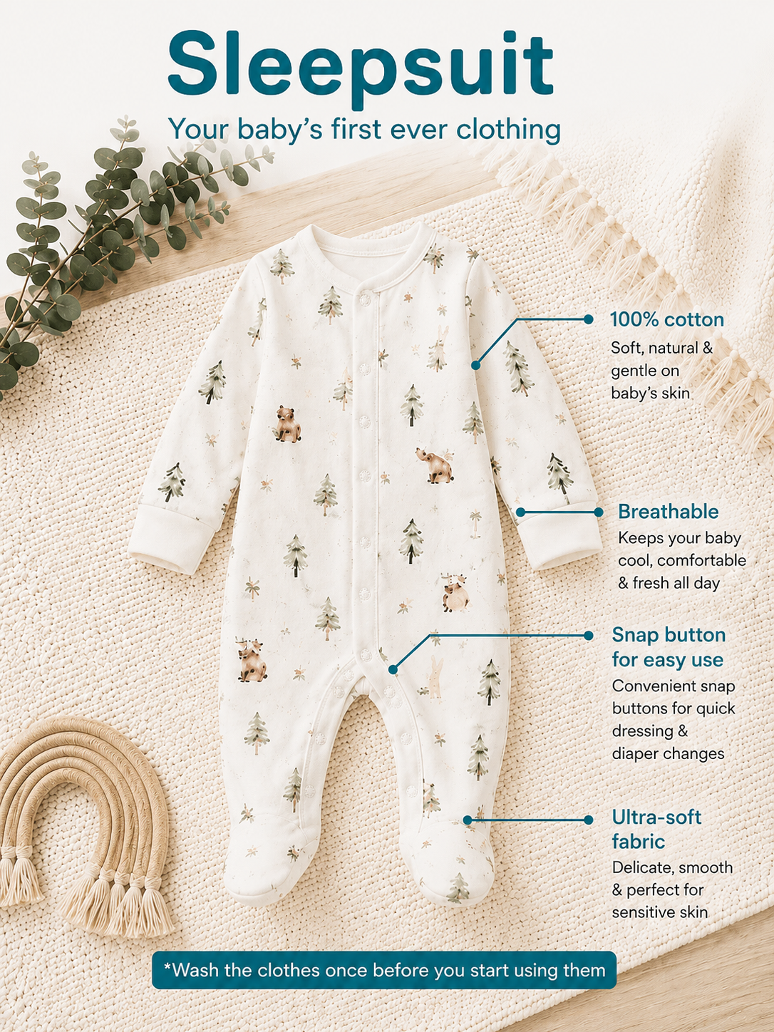 Bear Print Cotton Sleepsuit