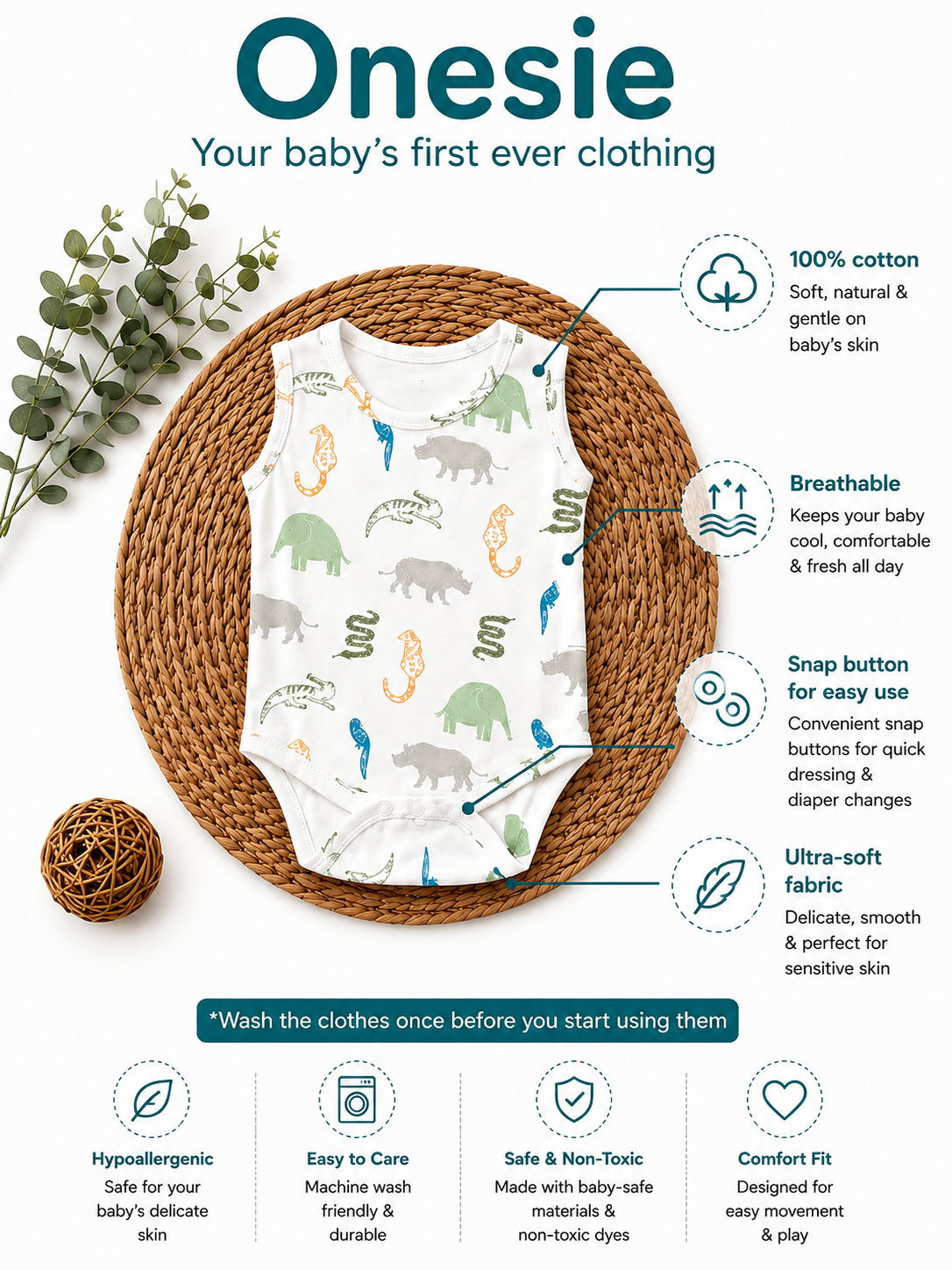 Animal Theme Cotton Onesie