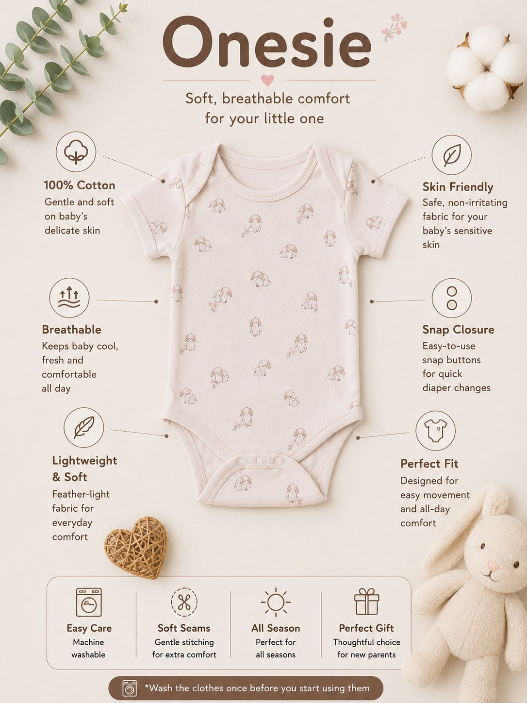 Soft Pink Dog Print Cotton Onesie
