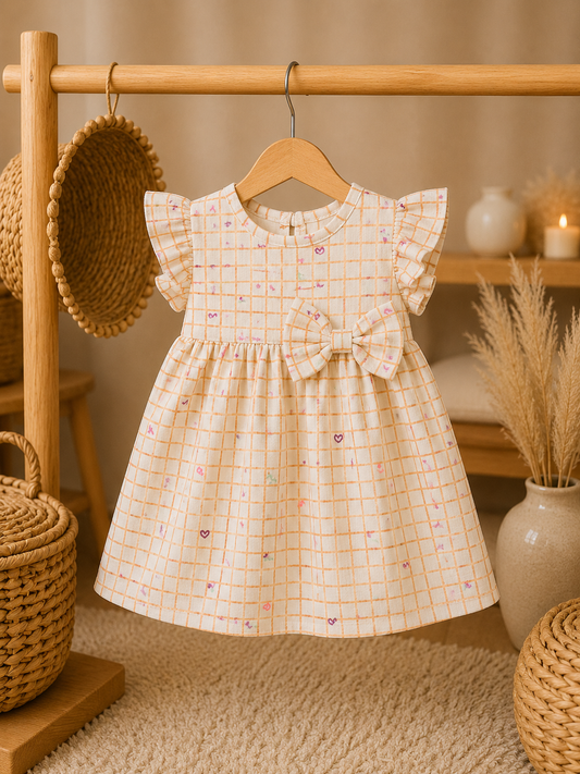 Orange Checked Heart Print Cotton Frocks