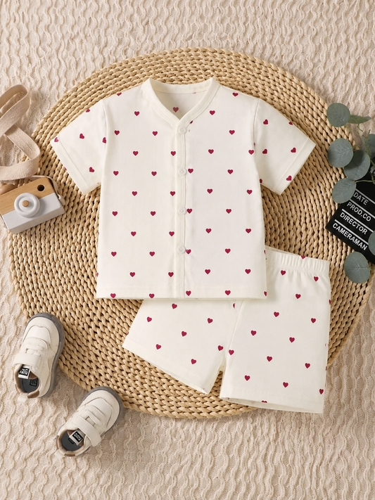 Beige Heart Print Cotton Co-Ords