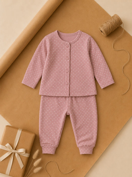 Purple Dotted Full-Sleeve Cotton Sleepsuit