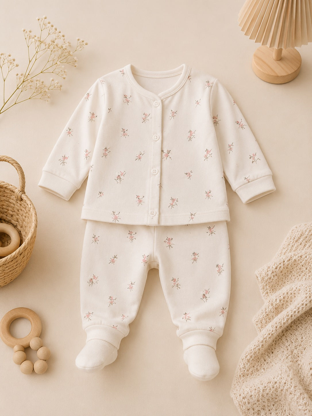 Soft Pink Angel Print Full-Sleeve Cotton Sleepsuit