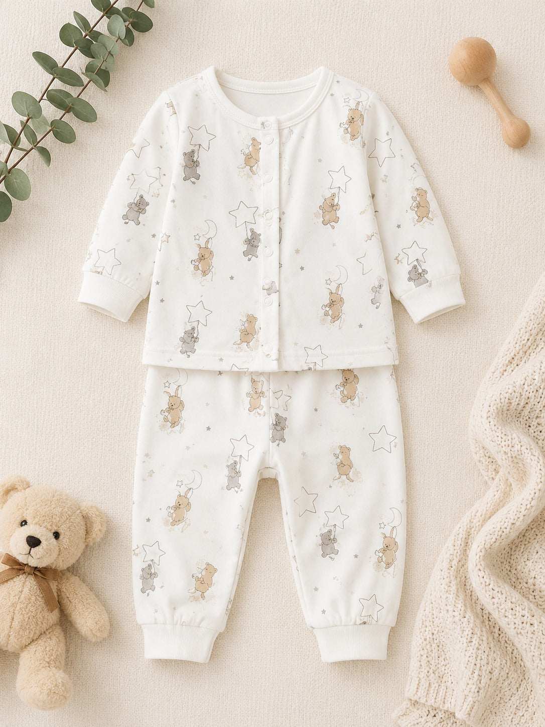 White Moon Elephant Print Full-Sleeve Cotton Sleepsuit