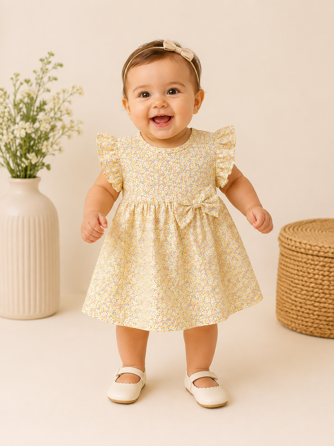 Yellow Small Flowers Print Cotton Frocks