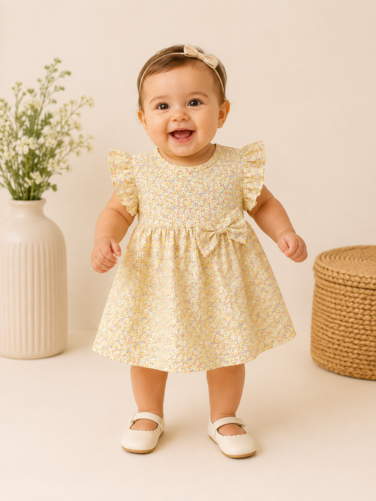 Yellow Small Flowers Print Cotton Frocks
