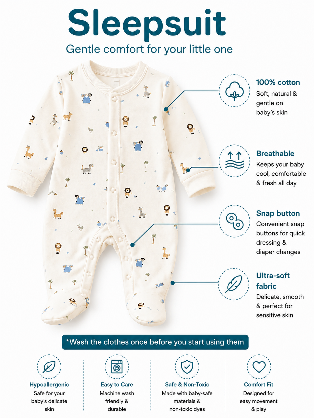 Animal Theme Cotton Sleepsuit