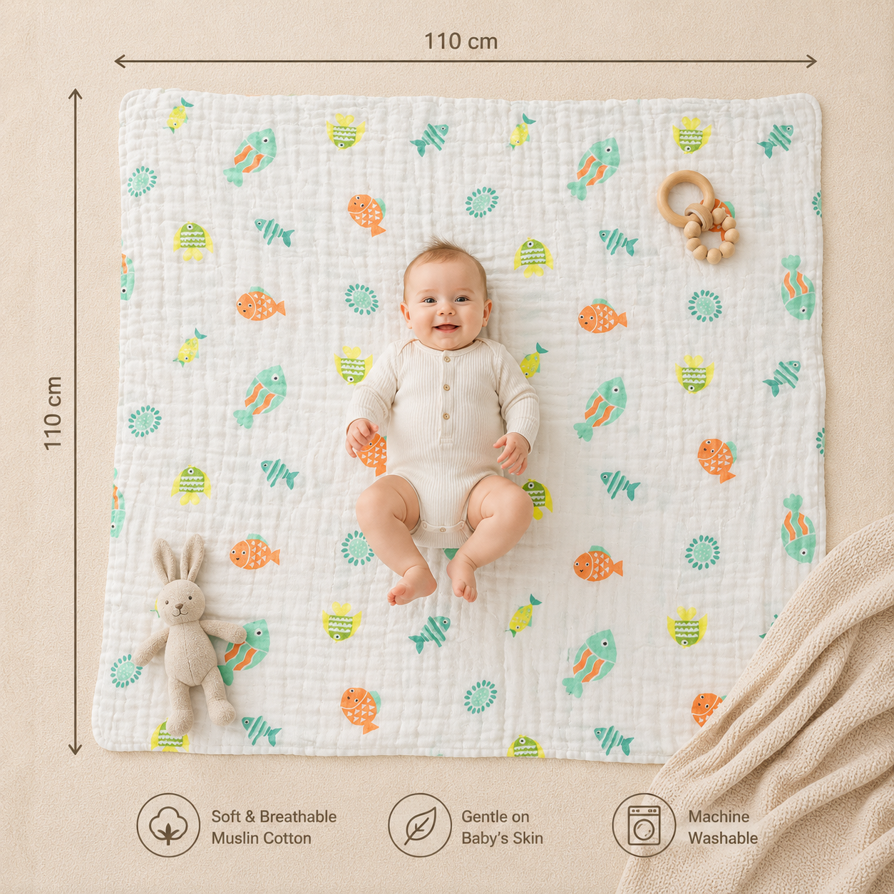 Green Fish Print 6 Layer Muslin Blanket