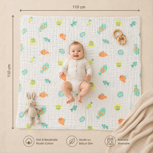 Green Fish Print 6 Layer Muslin Blanket