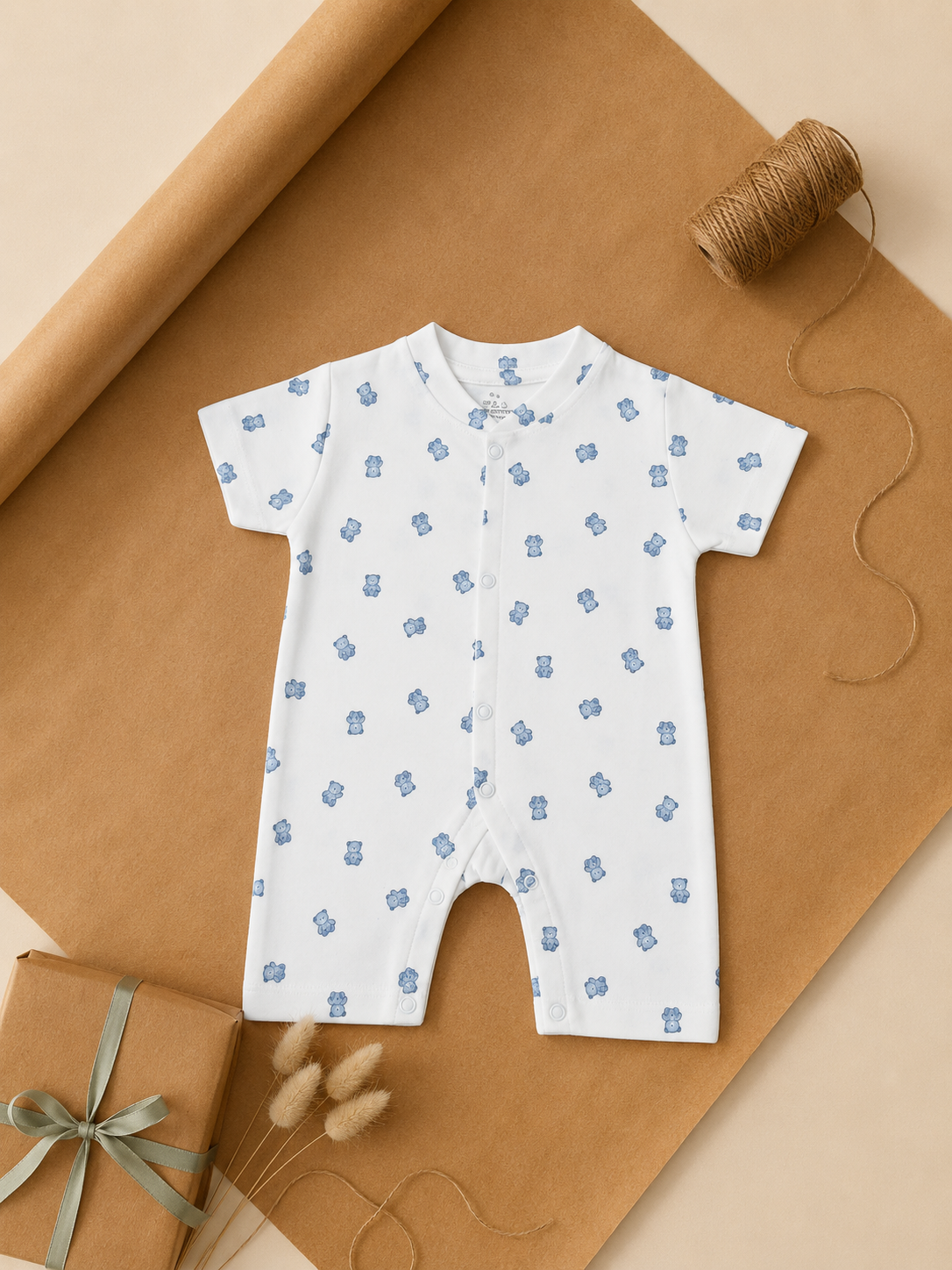 Blue Bear Print Cotton Half Romper
