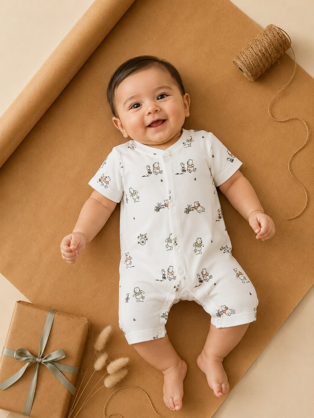 Pooh Bear Print Cotton Half Romper