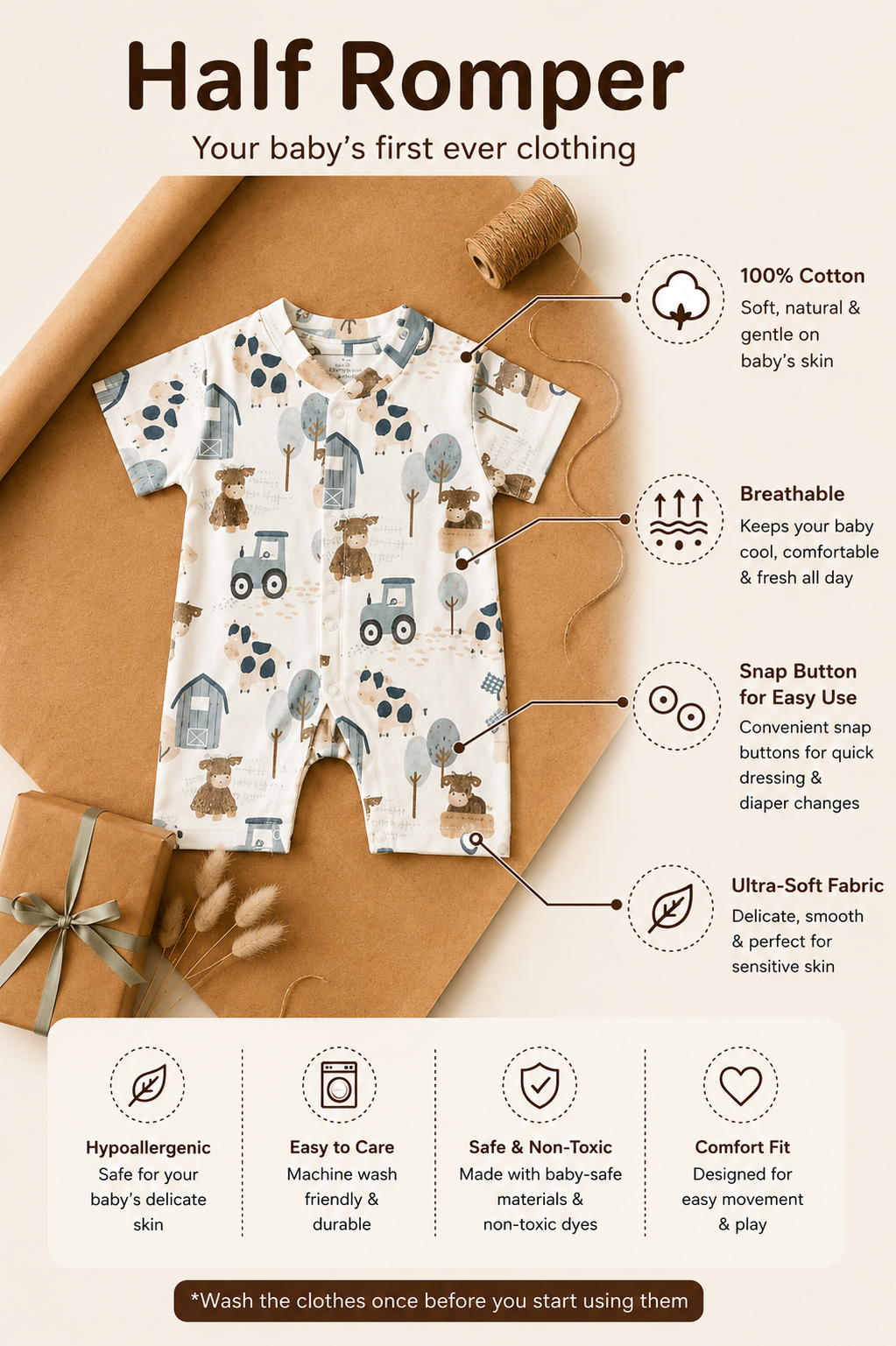 Farm Theme Cotton Half Romper