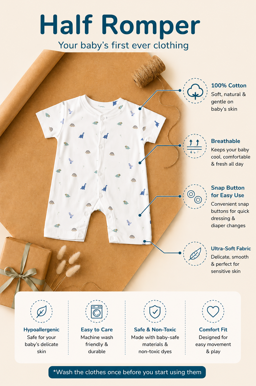 Dino Print Cotton Half Romper