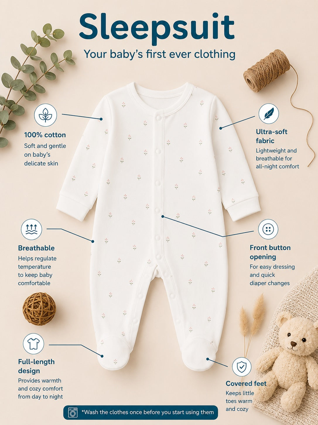 Rose Print Cotton Sleepsuit