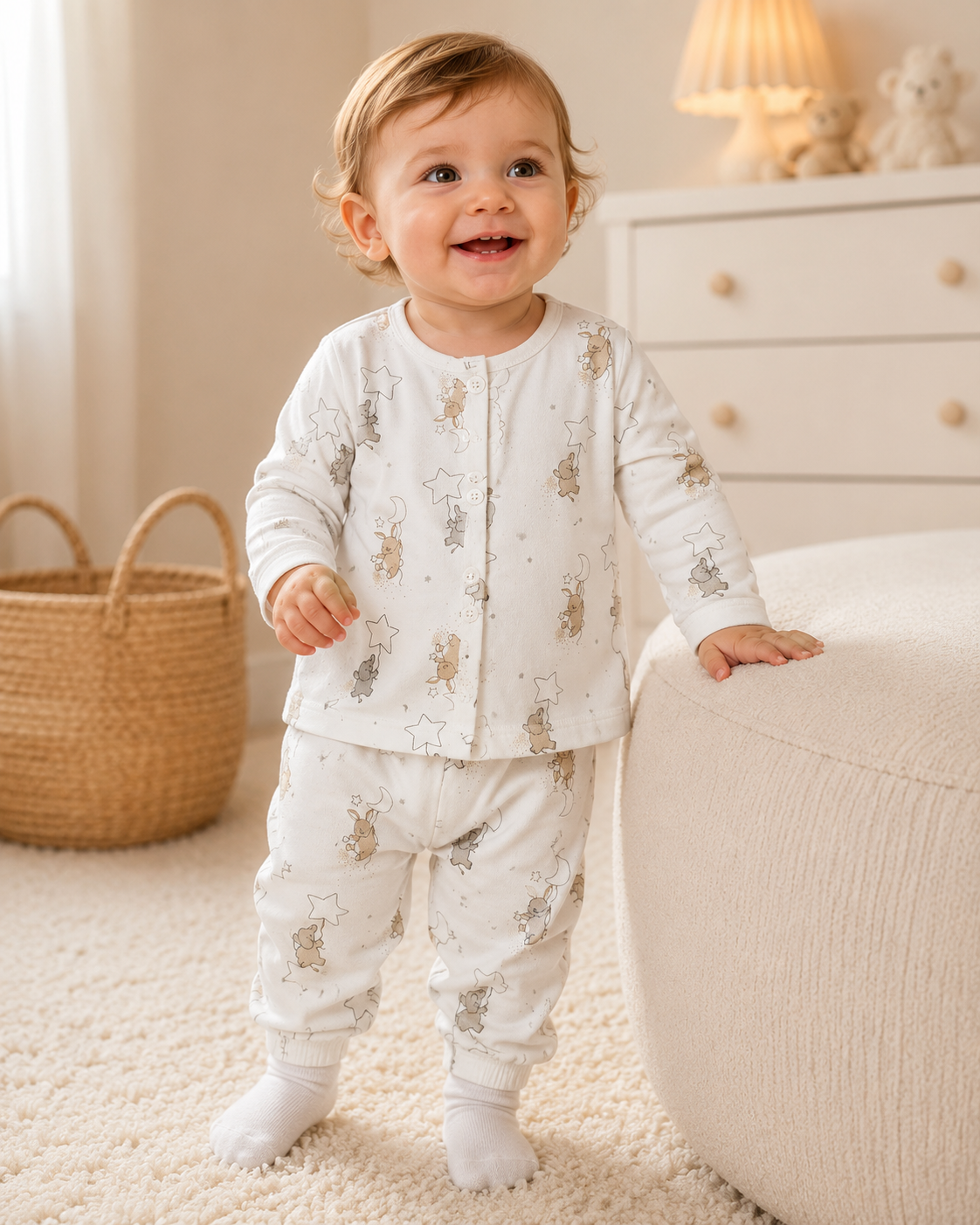 White Moon Elephant Print Full-Sleeve Cotton Sleepsuit