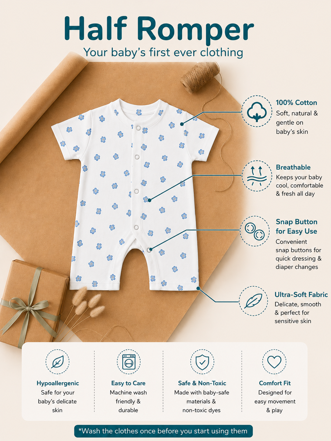 Blue Bear Print Cotton Half Romper