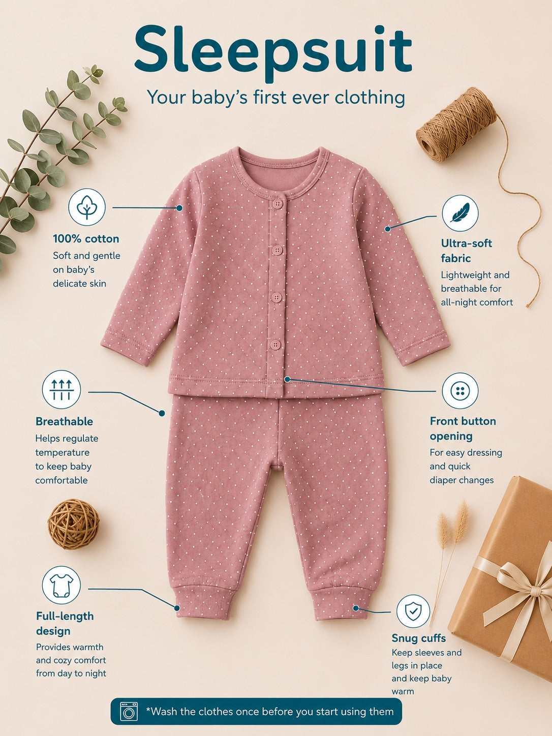 Purple Dotted Full-Sleeve Cotton Sleepsuit
