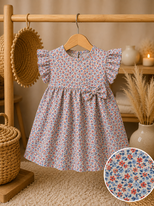 Blue Red Small Flowers Print Cotton Frocks