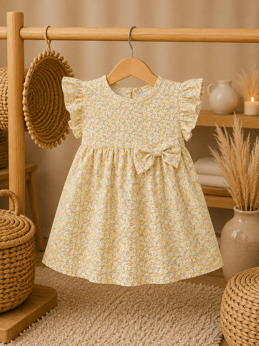 Yellow Small Flowers Print Cotton Frocks