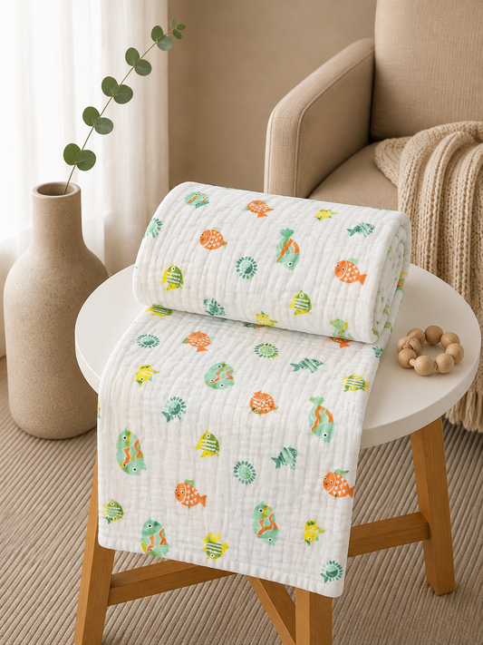 Green Fish Print 6 Layer Muslin Blanket