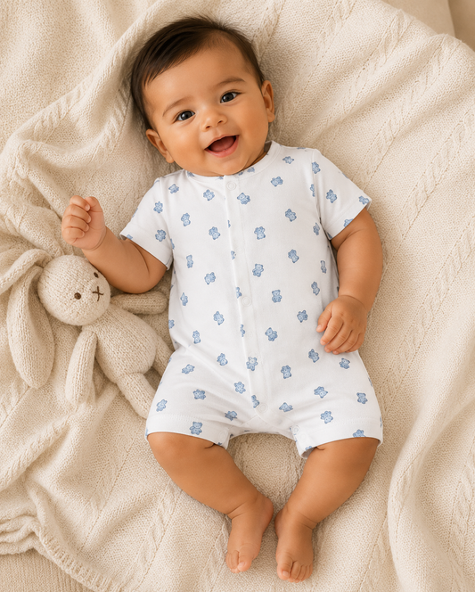 Blue Bear Print Cotton Half Romper