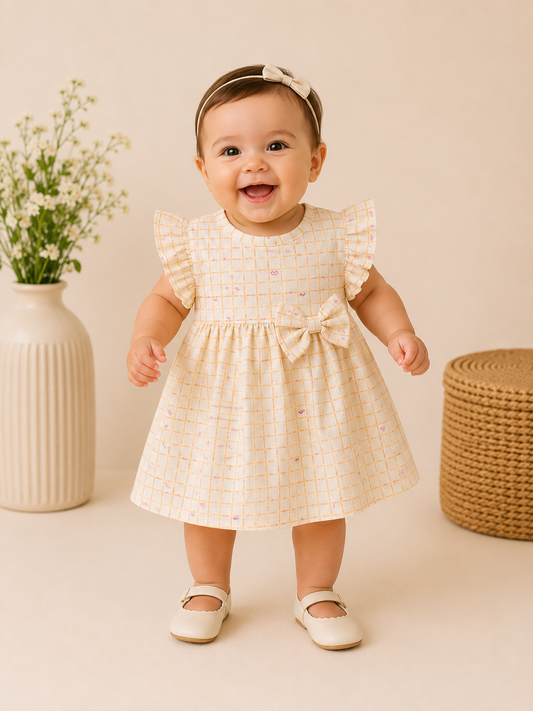 Orange Checked Heart Print Cotton Frocks