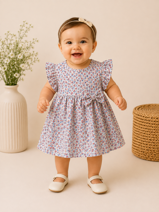 Blue Red Small Flowers Print Cotton Frocks