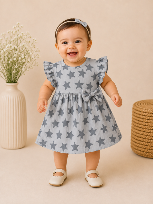 Grey Star Print Cotton Frocks