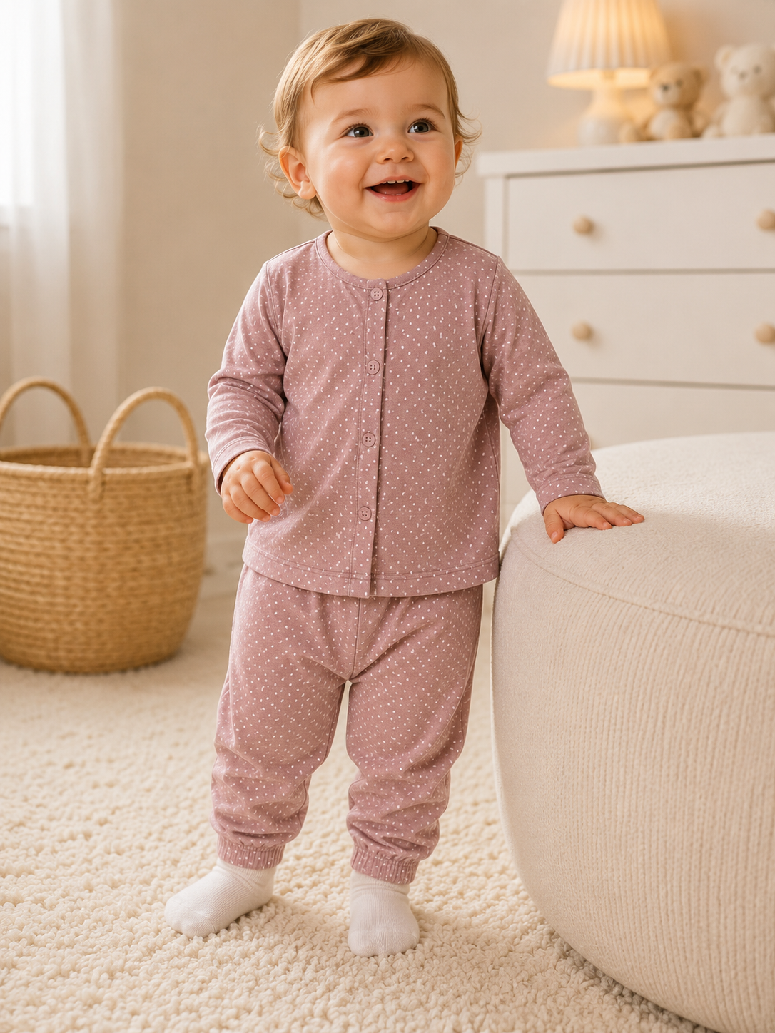 Purple Dotted Full-Sleeve Cotton Sleepsuit