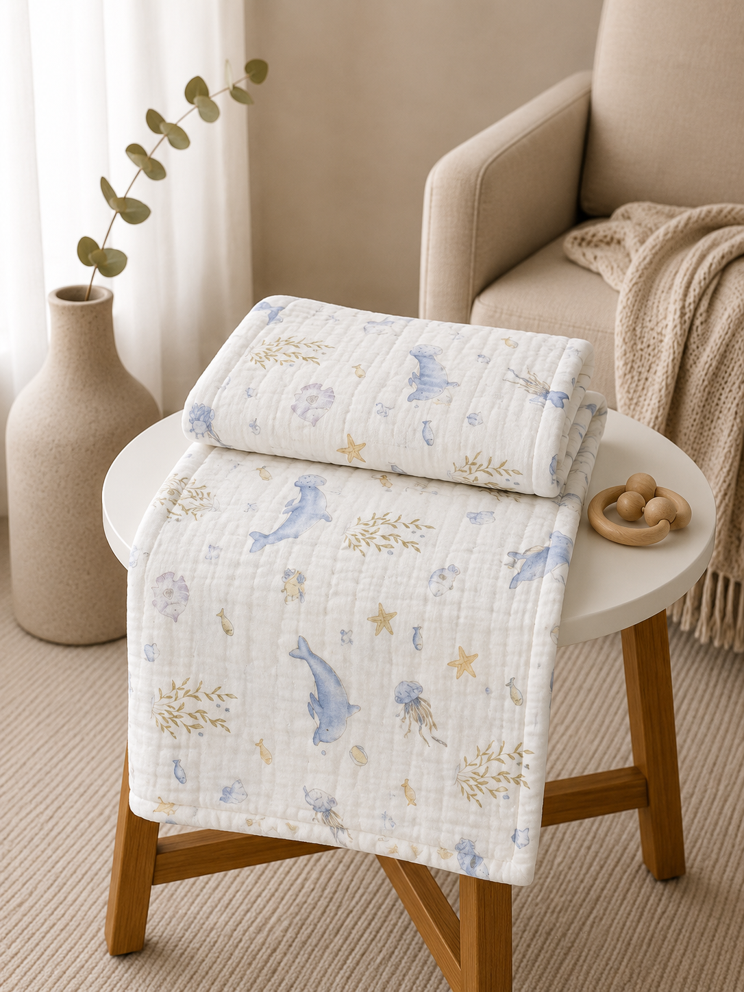 Under Ocean Print 6 Layer Crinkled Muslin Blanket