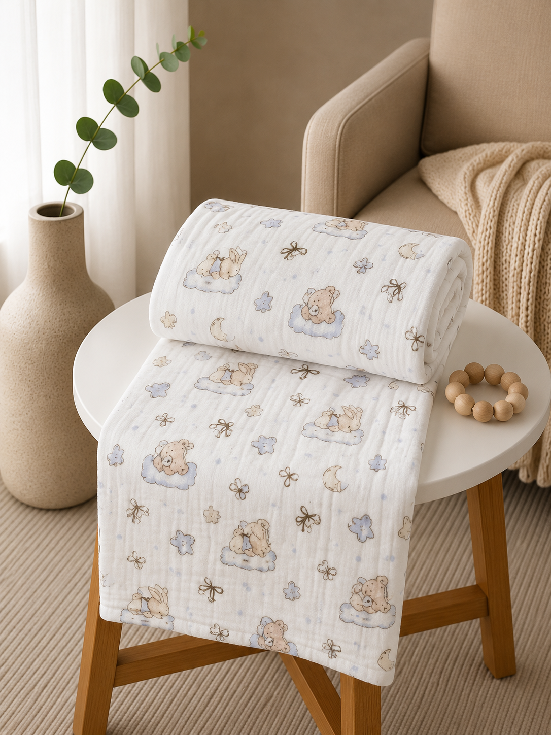 Teddy and Rabbit Print 6 layer Crinkled Muslin Blanket