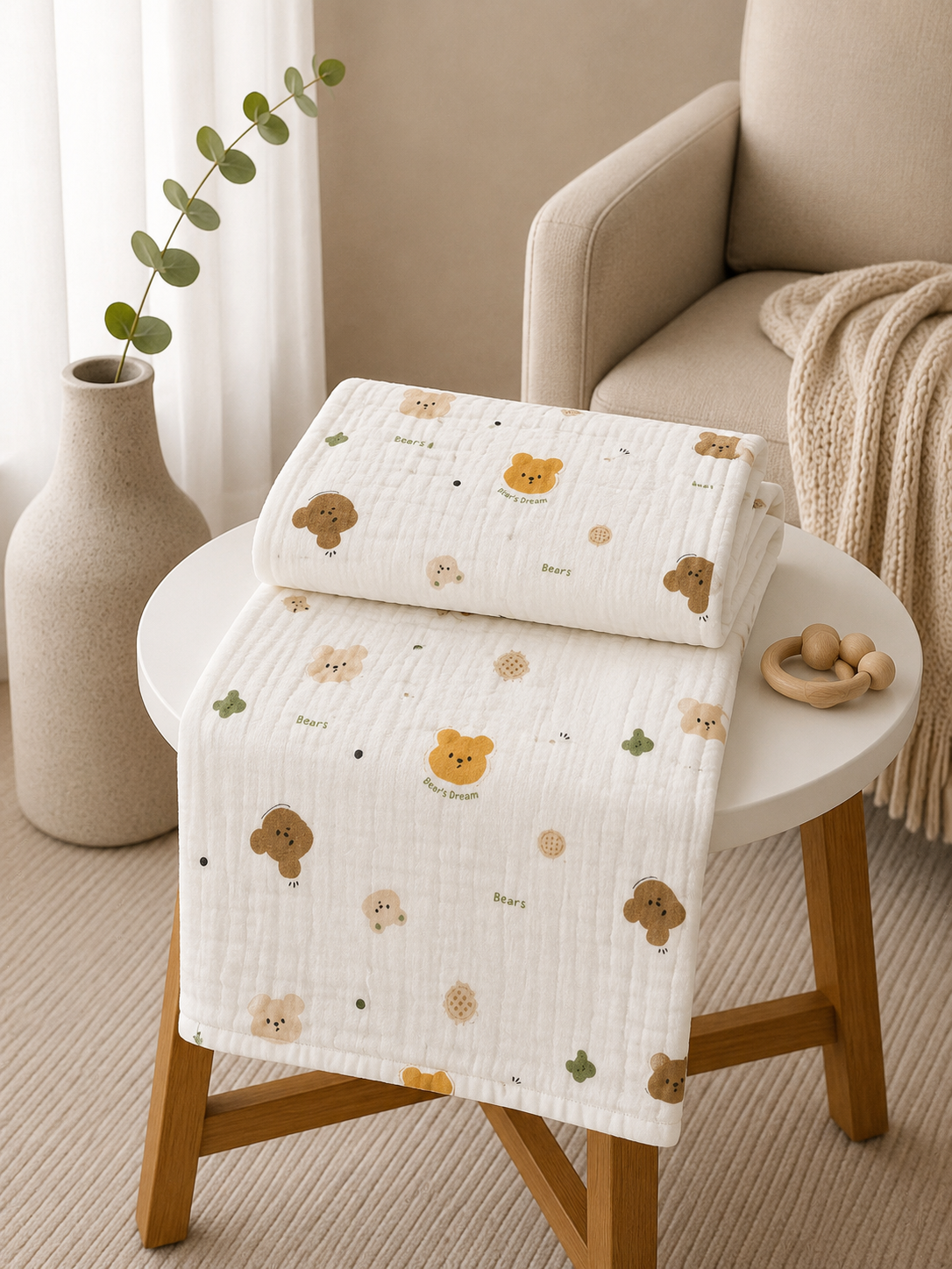 Teddy Face Print 6 layer Crinkled Muslin Blanket