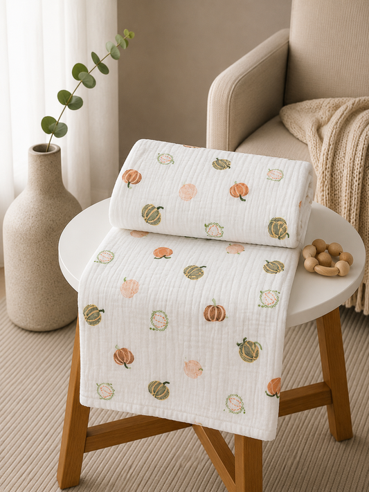 Pumpkin Print 6 layer Crinkled Muslin Blanket