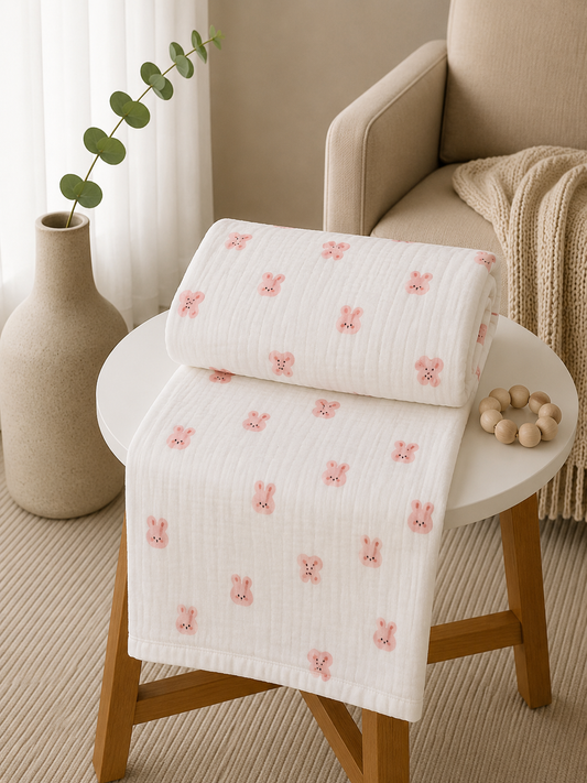 Pink Bunny Print 6 layer Crinkled Muslin Blanket