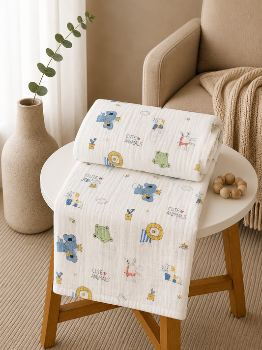 Cute Animals Print 6 layer Crinkled Muslin Blanket